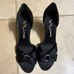 Nina Black Satin Heels with Bow Accent